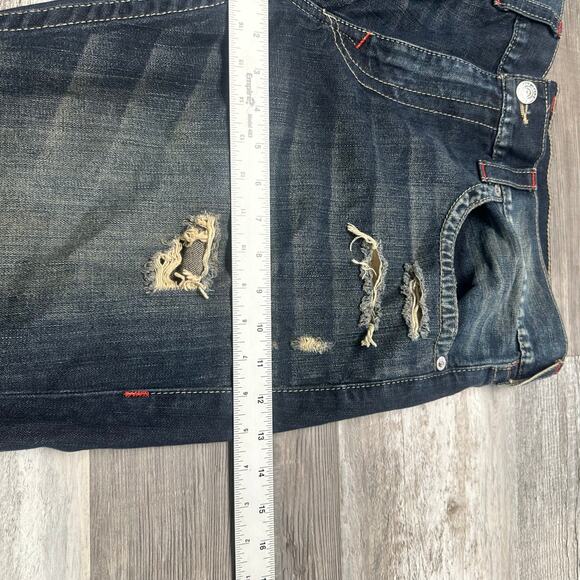 True Religion Dark Faded‎ Blue Mens 38 Distressed Straight Jeans Cybergrunge Y2K - Picture 12 of 12